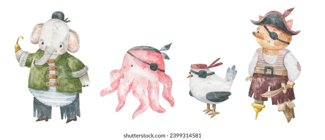 cute childish illustration with animal pirates. Animal pirate elephant, octopus and fox with seagull. Sea illustration. Oceania. Design, print, nursery