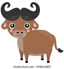 Cute childish illustration of cartoon African buffalo isolated on white background. For printing on children's clothing and design. Vector.