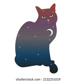 Cute childish illustration with a cat. Magic animal. Moonlit night and stars. Fashionable drawing hand-painted for printing on postcards, banners, wallpapers