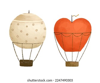 cute childish illustration with hot air balloon, journey, trip set. Baby art, sticker