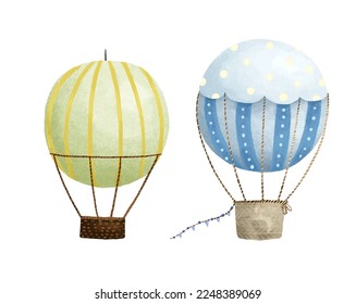 cute childish illustration with hot air balloon, journey, trip set. Baby art, sticker