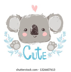 Cute childish illustration koala and heart, children print on t-shirt. Vector illustration.