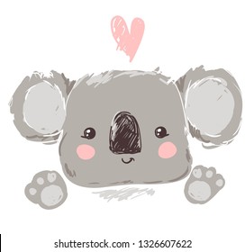 Cute childish illustration koala and heart vector illustration.    