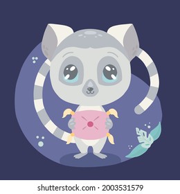 Cute childish illustration of a little lovely lemur with a pillow on dark violet background. The baby animal goes to bed. Vector cartoon flat drawing for a childrens room, stickers and cards.