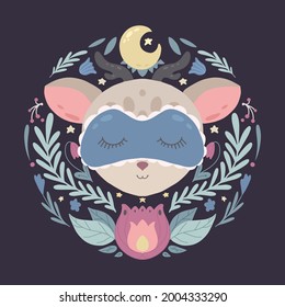 Cute childish illustration of a little lovely deer in sleeping mask with plant decoration on violet background. The baby animal. Vector cartoon flat drawing for a childrens room, stickers and cards.