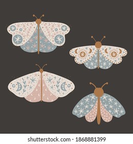 Cute childish illustration. moth and images of the moon and stars. interior poster printing, wall sticker