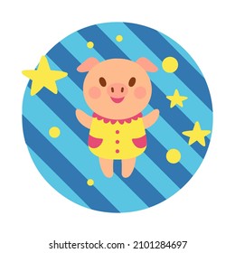 Cute childish illustration with pig, circles and stars on a striped background. Vector hand-drawn illustration. Great for kids clothing design, posters, wrapping paper, wallpaper.