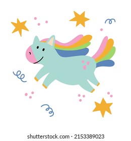 Cute childish illustration with pony and stars. Vector hand-drawn illustration. Great for kids clothing design, posters, wrapping paper, wallpaper.