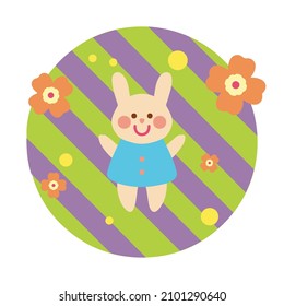 Cute childish illustration with rabbit and flowers on a striped background. Vector hand-drawn illustration. Great for kids clothing design, posters, wrapping paper, wallpaper.