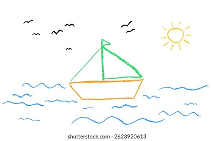 Cute childish illustration of a sailboat at sea, drawn with color charcoal wax texture on white. Baby style art featuring birds, sun, and waves in a simple childlike in kindergarden drawing. Vector
