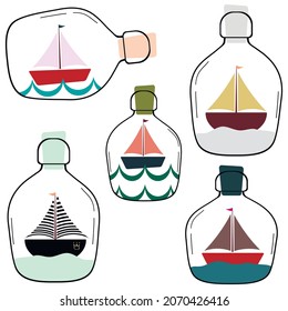 Cute childish illustration of ships, boats, yachts in glass bottle. Adventure time concept, dreams come true. Template for marine cards, t-shirt prints for kids, decoration room.