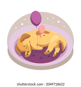 Cute childish illustration. Sleeping puppy with balloons on a purple pillow. For nursery, postcards, stickers, fabric character for kids