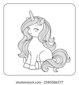 Cute childish illustration of unicorn with gorgeous mane. Vector for coloring book.