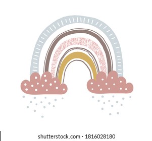 Cute childish illustrations with abstract full color rainbow. Striped arc in vintage pastel shades with cloud and dotted rain. Simple vector clipart illustration isolated on white background