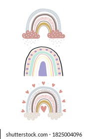 Cute childish illustrations with abstract full color rainbow. Set of rainbows in vintage pastel colors with hearts and clouds. Simple vector clipart illustration isolated on white background