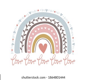 Cute childish illustrations with abstract full color rainbow. Striped arc in vintage pastel colors with hearts. Simple vector clipart illustration isolated on white background