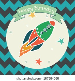 Cute childish invitation or greeting card template with hand drawn cartoon doodle space rocket, stars and ribbon banner on chevron background.