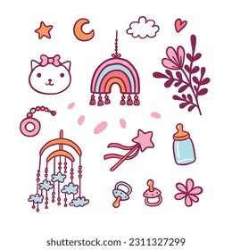 Cute childish items for room decor color icons set. Children toys and accessories. Babyhood isolated vector illustrations. Filled line drawings