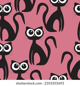 Cute childish kitty pattern with huge eyes on pink background