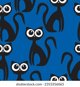 Cute childish kitty pattern with huge eyes on blue background