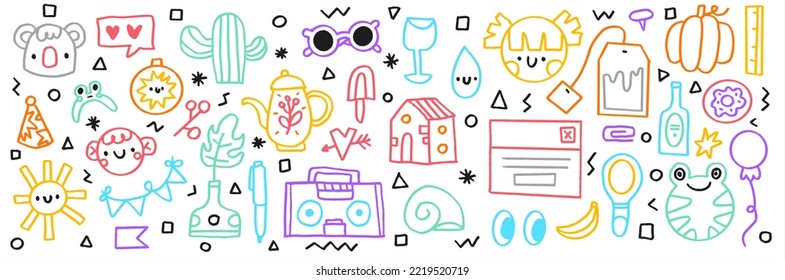 Cute childish linear bright illustration. Vector baby.Doodle koala,  boy, sun, glass, cacti, radio, flower, kettle. Perfect for wrapping paper, printing on the fabric, design package and cover for kid