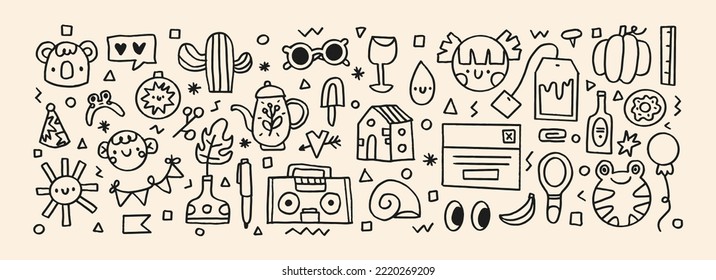 Cute childish linear bright illustration. Vector baby.Doodle koala,  boy, sun, glass, cacti, radio, flower, kettle. Perfect for wrapping paper, printing on the fabric, design package and cover for kid