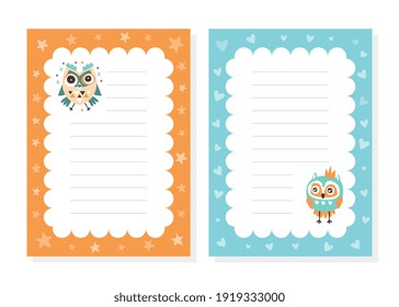 Cute Childish Lined Note Sheets Set, Notebook, Planning Pages, Organizer for Kids with Cute Funny Owl Birds Characters Cartoon Vector Illustration