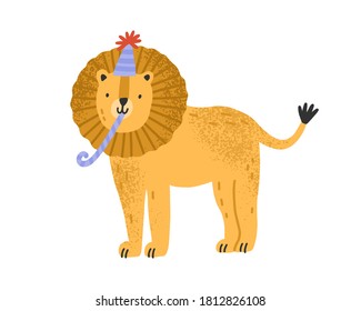 Cute childish lion in cone hat with festive pipe vector flat illustration. Funny animal celebrating holiday or birthday isolated on white. Feline character with fluffy mane for celebratory party