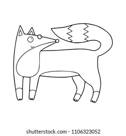 Cute childish little fox coloring book or page illustration. Vector outline drawing isolated on white.