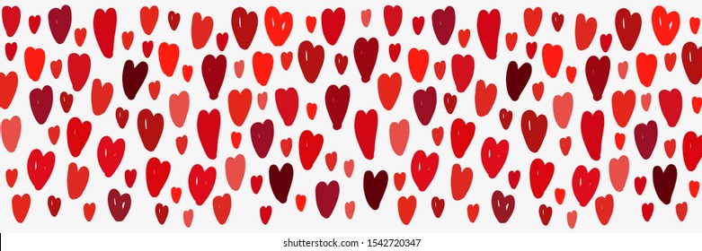 Cute childish Lots of Love Valentines Day horizontal banner background with hand drawn hearts for your decoration
