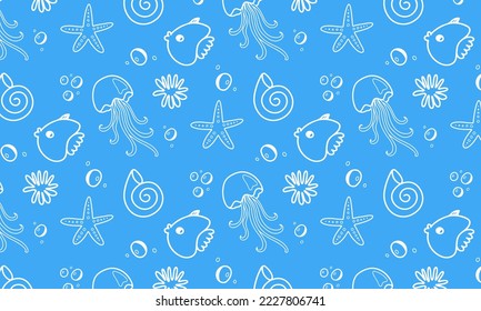 Patrón marino infantil con peces, estrellas, medusas y conchas en un fondo azul. Patrón para papel impreso, textil para bebés y papel envolvente