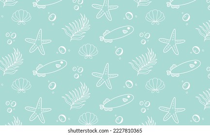 Cute childish marine pattern with fish, starfish, algae, shells on a turquoise background. Pattern for printing, children's textiles and wrapping paper