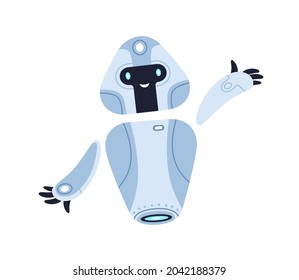 Cute childish metal robot toy gesturing hi. Happy funny kids bot with smiling face. Portrait of adorable humanoid cyborg machine. Colored flat cartoon vector illustration isolated on white background