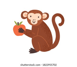Cute childish monkey sit and hold apple in little paws. Chimpanzee mascot in scandinavian style.  Funny animal isolated on white background