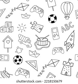 Cute kindisch einfarbiges, nahtloses Muster mit Zeichnungen verschiedener Spielzeuge im Doodle-Stil auf weißem Hintergrund.