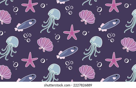 Cute childish nautical pattern with fish, starfish, jellyfish and shells on a dark purple background.