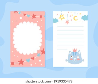 Cute Childish Note Sheet, Template for Congratulation, Invitation, Cover, Notebook, Planning Page, Organizer for Kids with Cute Funny Cat Vector Illustration