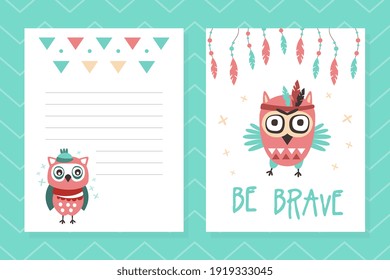 Cute Childish Note Sheets Set, Template for Congratulation, Invitation, Cover, Notebook, Planning Page, Organizer for Kids with Cute Funny Owls and Be Brave Lettering Vector Illustration