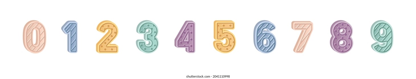 Cute childish numbers set. Fun numeral font for kids. 1, 2, 3 signs for counting, and nursery, kindergarten and school children education. Colored flat vector illustration isolated on white background