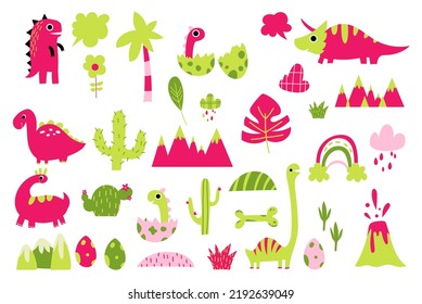 Cute childish nursery big dinosaur monster prehistoric jurassic park collection for newborn apparel pattern with rainbow, trees, bushes, cloud with boho rainbows