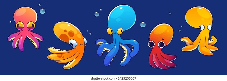 Cute childish octopus cartoon character float underwater with bubbles. Vector illustration set of cute marine or aquarium animal. Friendly sea and ocean creature with tentacle and adorable faces.