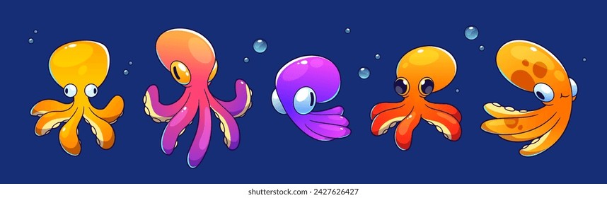 Cute childish octopus cartoon character float underwater with bubbles. Vector illustration set of cute marine or aquarium animal. Friendly sea and ocean creature with tentacle and adorable faces.