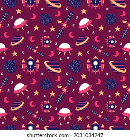 Cute Childish Outer Space Seamless Pattern Background Illustration Design with Elements of Rocket, Satellite, Planet, Ufo, Moon, Stars, Meteor Rock