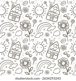 Cute childish outline doodle seamless pattern on white. Hand drawn monochrome drawing. Perfect for print, fabric, card, wrapping paper, wallpaper, and nursery decoration