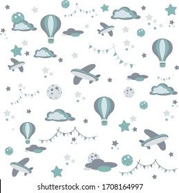 
Cute childish pattern with airplanes and balloons. for children's products