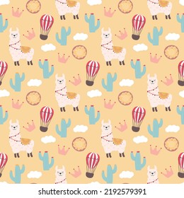 cute childish pattern with alpaca, air balloon, cactus and crown. colorful design for print paper or fabric