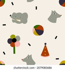 Cute childish pattern with  animals, flowers, balls,festive hats and abstract elements. Vector hand-drawn kid's play print design for fabric or wrapping paper. Animal Holiday vector illustration.