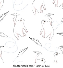 Cute childish pattern with bears and paper planes. Seamless vector illustration for children. Print for textiles, wallpapers, scrapbooking and any of your purposes.