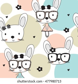 cute childish pattern with bunny on polka dots background, happy easter pattern, summer flower and bunny wrapping paper, hand drawn bunny and flower background vector illustration