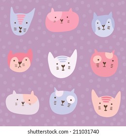 Cute childish pattern with cartoon cats. Seamless pattern with cute hand drawn cats